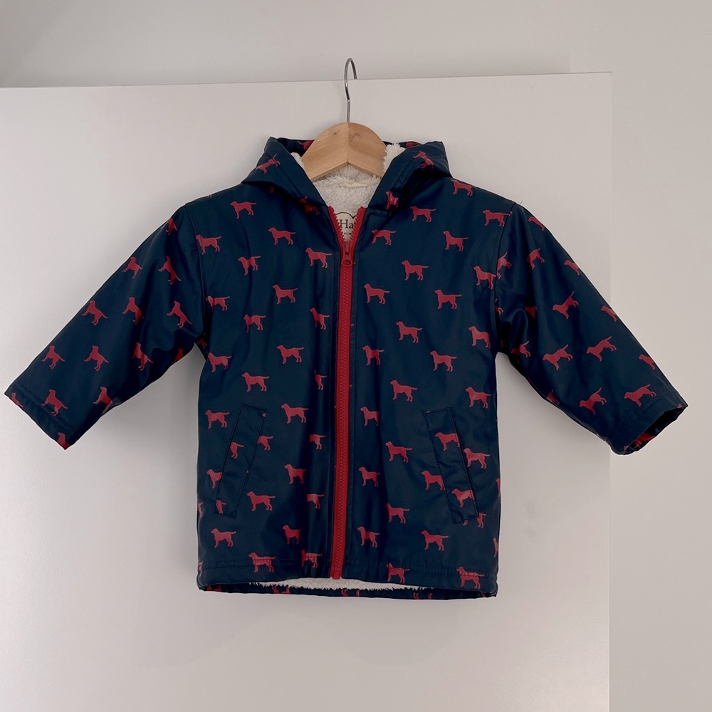 Hatley Navy and Red sherpa lined toddler rain jacket - 3T